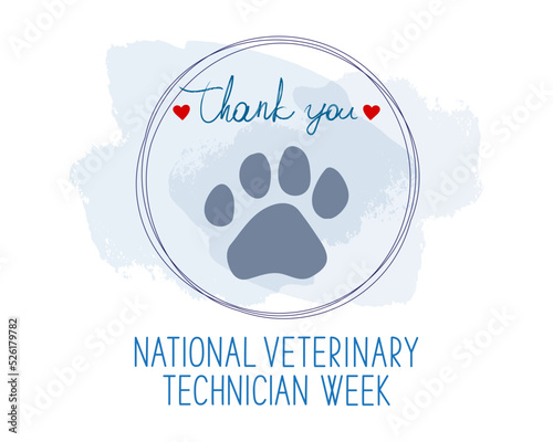 Vet Tech Appreciation Week concept. Red heart, dog paw ant text Thank You on white, vector illustration. National Veterinary Technician Week