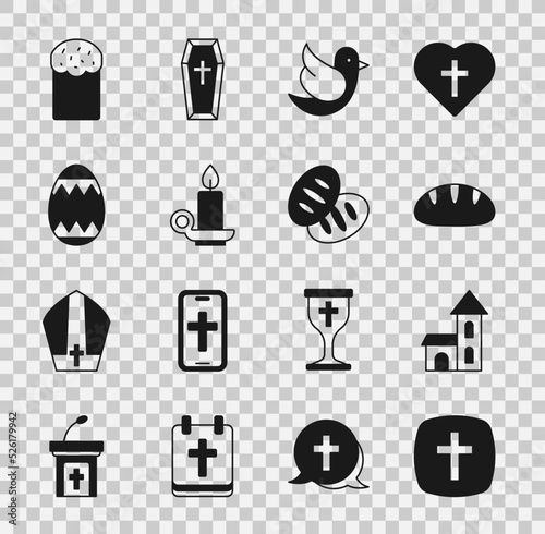 Set Christian cross, Church building, bread, Dove, Burning candle candlestick, Easter egg, cake and icon. Vector