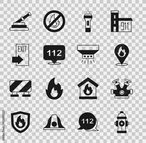 Set Fire hydrant, Location with fire flame, Flashlight, Emergency call, exit, hose reel and sprinkler system icon. Vector