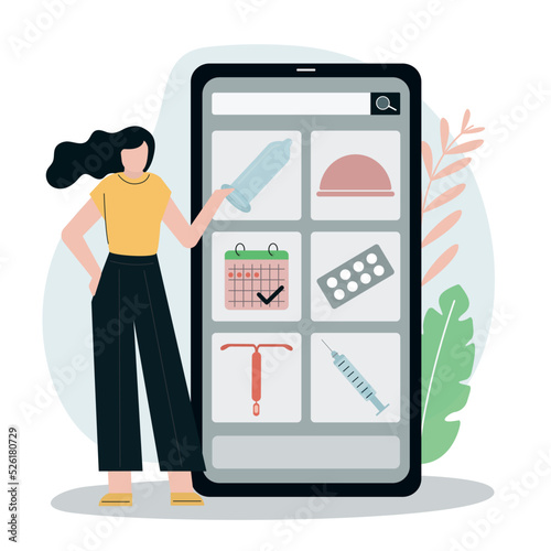 Sex education. Woman offers choice of different types of contraception on phone. Anti-pregnancy products. Contraceptives concept. Safe relation