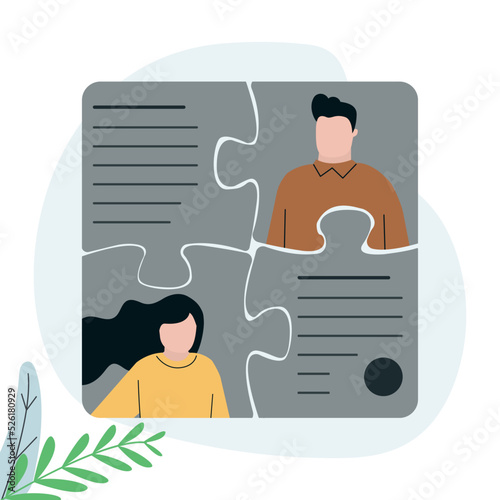 Business people have conversation in puzzle. Company coordination and teamwork productivity. Effective team building and management