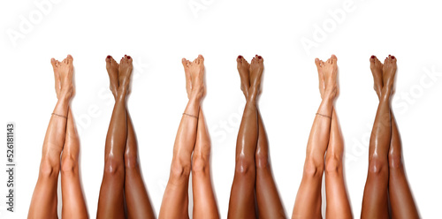 Group of beautiful, smooth diversity women's legs after laser hair removal. Treatment, technology concept