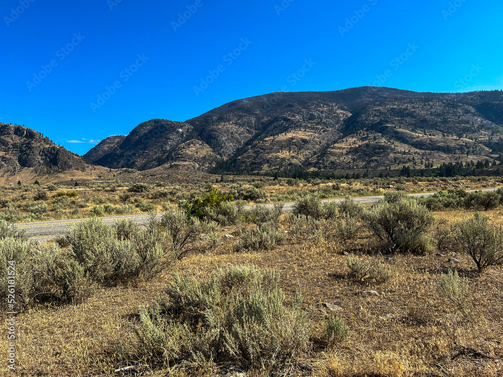 Road passing though the desert, desert and mountain view. Sunny summer with bright blue sky, Okanagan Valley, Canada. 