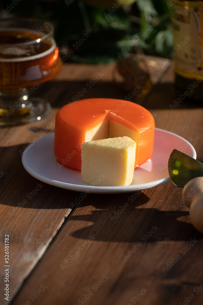 Tasting of organic farmers cheddar cheese in orange wax