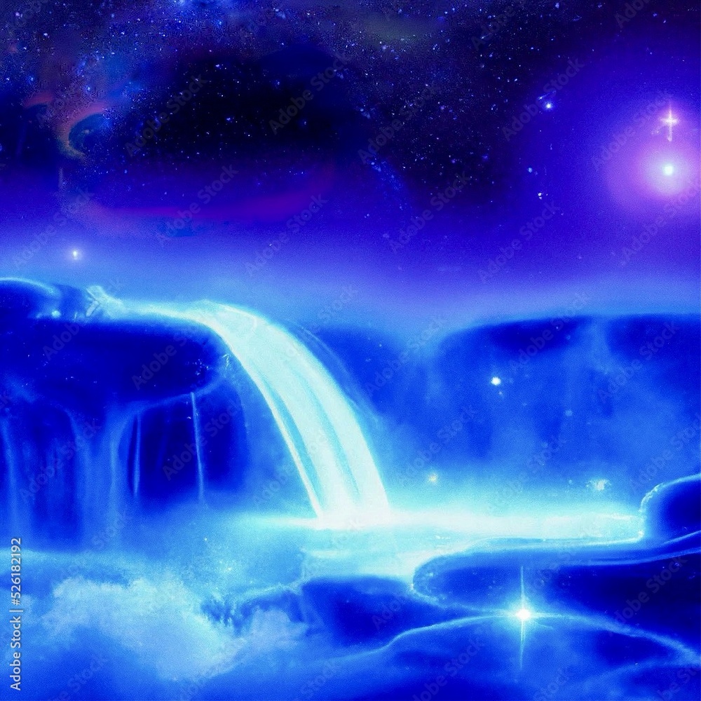 Mystical Stream of Radiant Blue Water Forming a Glowing Waterfall. Fantasy/Magic Theme.