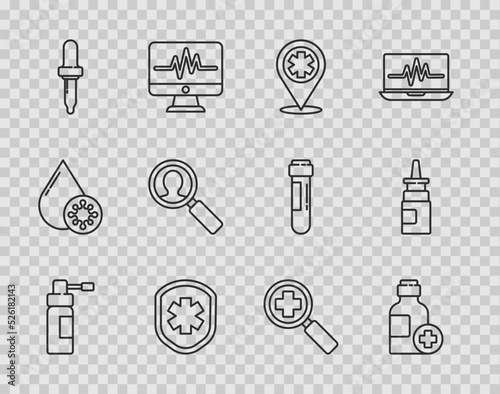 Set line Bottle with nozzle spray, of medicine syrup, Map pointer cross hospital, Medical shield, Pipette, analysis, Magnifying glass for search medical and nasal icon. Vector