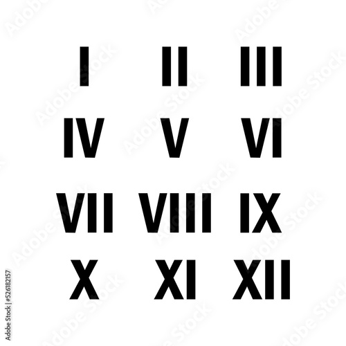 Roman numerals from one to twelve. Latin numbers 1-12 simple flat style vector.