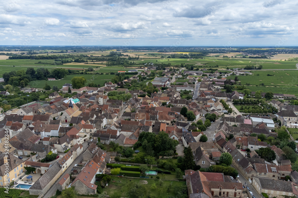 Aerial view on green vineyards and Puligny-Montrachet village, production of high quality famous French white wine in Burgundy, France