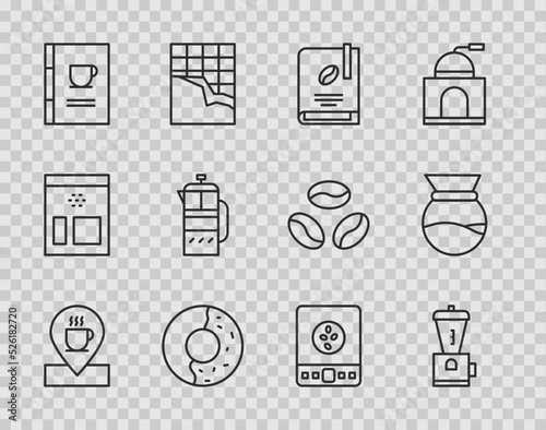 Set line Location with coffee cup, Electric grinder, Coffee book, Donut sweet glaze, French press, Electronic scales and Pour over maker icon. Vector