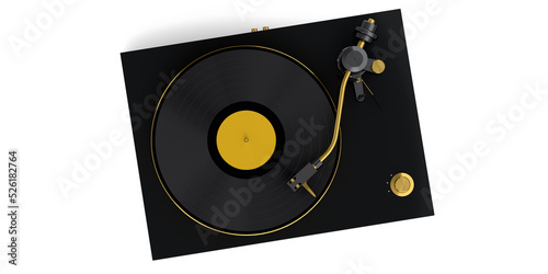 Vinyl record player or DJ turntable with retro vinyl disk on white background. photo