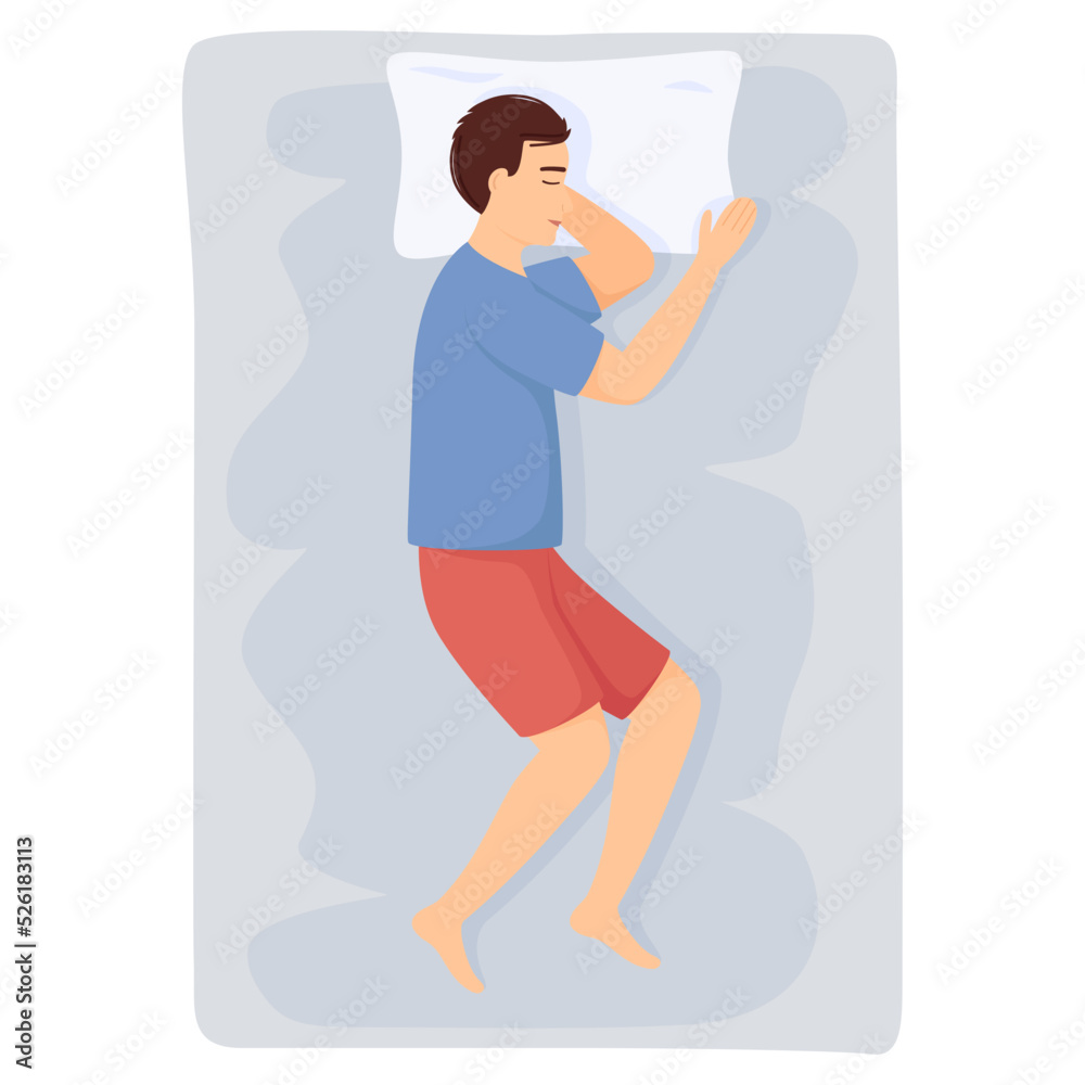 Man sleeps on side. Man in pajamas sleeping on bed. Top view. Vector illustration Man sleeps on side. Man in pajamas sleeping on bed. Top view. Vector illustration