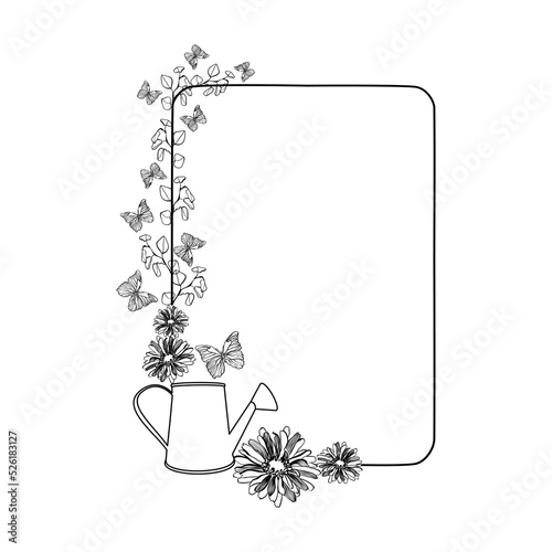 Vector frame with watering can, flowers, eucalyptus, and butterflies in doodle style 