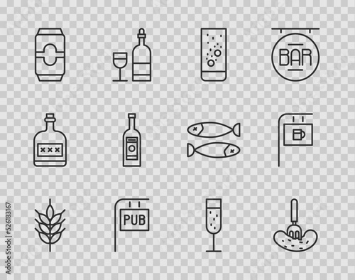 Set line Hop, Pickled cucumber on a fork, Effervescent tablets in water, Street signboard with Pub, Beer can, Glass bottle of vodka, champagne and Bar icon. Vector