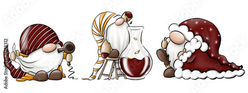 Cute gnomes in gnome hat. Gnome drying his beard, making mulled wine, wearing Santa Claus costumes. Christmas and New Year coloured illustration for banner and design in cartoon style