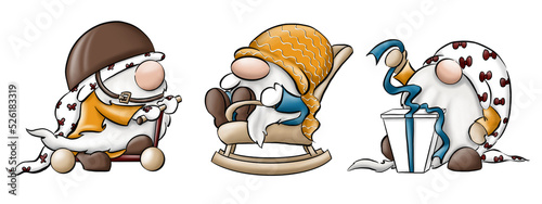 Cute gnomes in gnome hat. Gnome riding the scooter, sleeping in the armchair, wrapping the gift with the ribbon. Christmas and New Year coloured illustration for banner and design in cartoon style