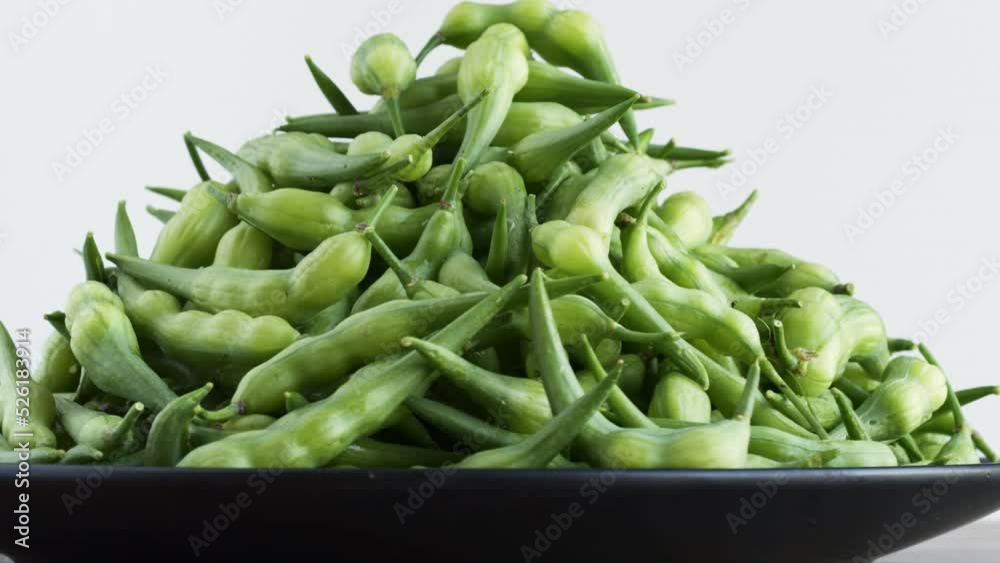 Rat tail radish (Raphanus sativus var. caudatus) close-up view. Green vegetable pile. Table spin. Rat tail radish (Raphanus sativus var. caudatus) close-up view. Green vegetable pile. Table spin.