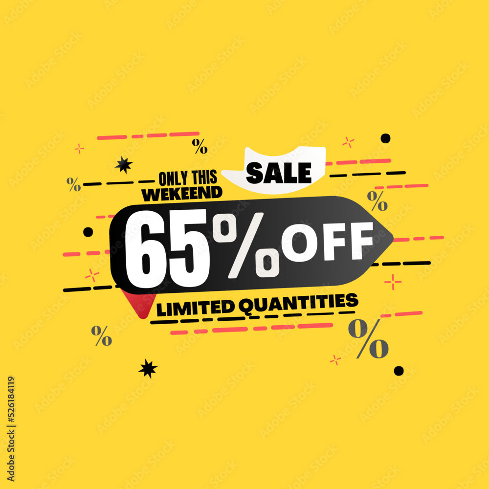 65% percent off(offer), limited quantities, yellow 3D super discount sticker, sale.(Black Friday) vector illustration, Sixty-five 