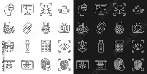 Set line Fingerprint, Eye scan, System bug on monitor, Chain link, Cyber security, Head with shield and Safe combination lock icon. Vector