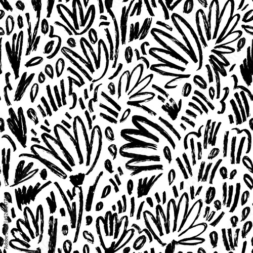 Vector hand drawn floral seamless pattern. Dry brush style botanical backdrop. Black and white repeatable backdrop.
