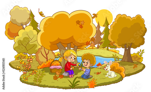 Beautiful autumn day children picnic by the lake in the forest.vector illustration in children's style.