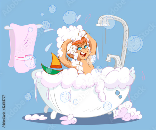 Cartoon baby girl having bath in bathtub with lots of this soap suds and rubber duck