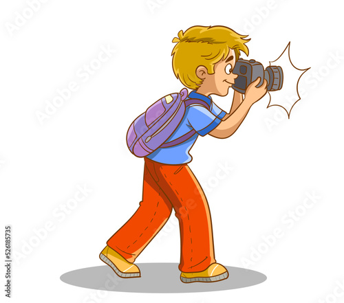 Young caucasian white smiling boy holding photo camera and taking pictures. Vector cartoon illustration isolated on white background.