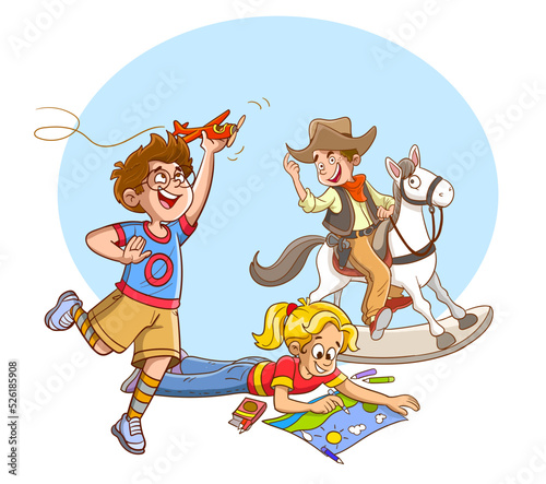 Happy creative kids play with educational toys, painting, cutting paper, sketching, education and enjoyment concept