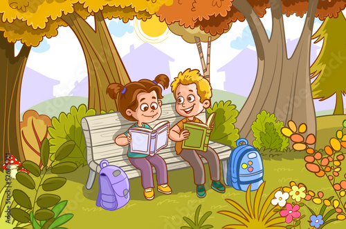 hello autum.cartoon illustration of happy kids reading a book in the park