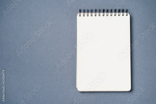 School notebook on a paper gray background, spiral notepad and craft cardboard pen