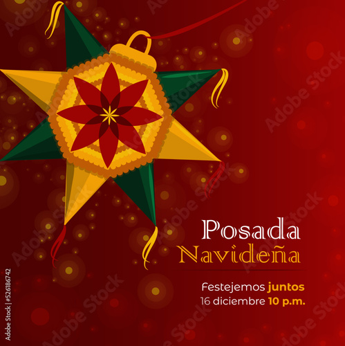 Tarjeta de invitación a posada navideña mexicana. Piñata de 7 picos con nochebuena en el centro y datos del evento. photo