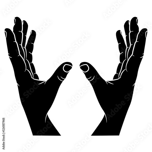 Two raised up empty human hands with open palms in holding or catching gesture. Black and white negative silhouette. Cartoon style.