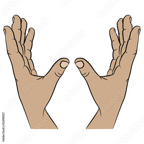 Two raised up empty human hands with open palms in holding or catching gesture. Cartoon style.