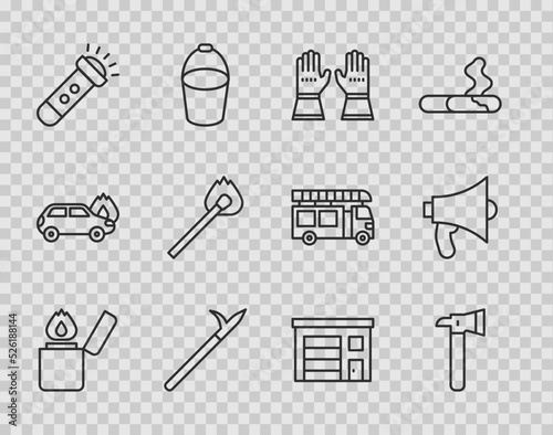 Set line Lighter, Firefighter axe, gloves, Metal pike pole, Flashlight, Burning match with fire, Building of station and Megaphone icon. Vector