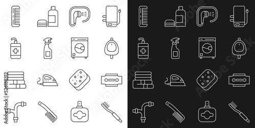 Set line Toothbrush, Blade razor, Toilet urinal pissoir, Shower, Cleaning spray bottle, Hand sanitizer, Hairbrush and Washer icon. Vector