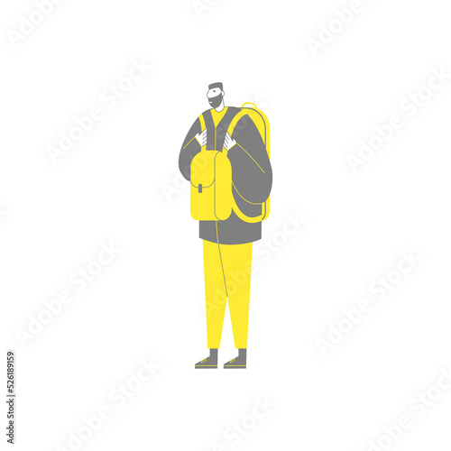 Refugee man in a jacket and with a backpack. Vector flat illustration on an isolated background.