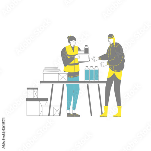 Humanitarian Aid Day. Vector illustration. Volunteers provide assistance to refugees and victims. A point of support for those in need.