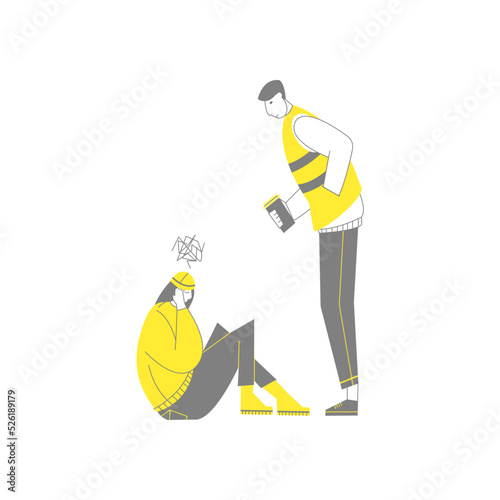 Group of refugees and volunteers help each other. Vector concept of the social problem of emigration.