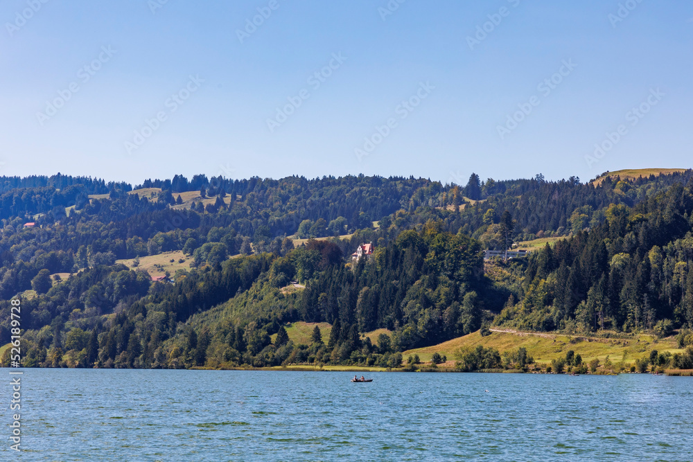 View over the Alpsee near Immenstadt to the opposite shore with mountains and forests