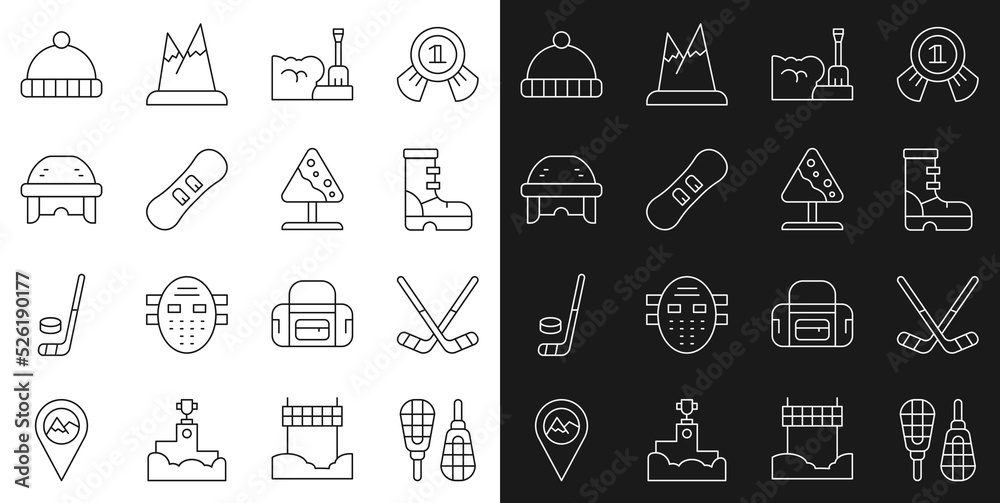 Set line Snowshoes, Ice hockey sticks, Waterproof rubber boot, Shovel in snowdrift, Snowboard, Hockey helmet, Winter hat and Road sign avalanches icon. Vector