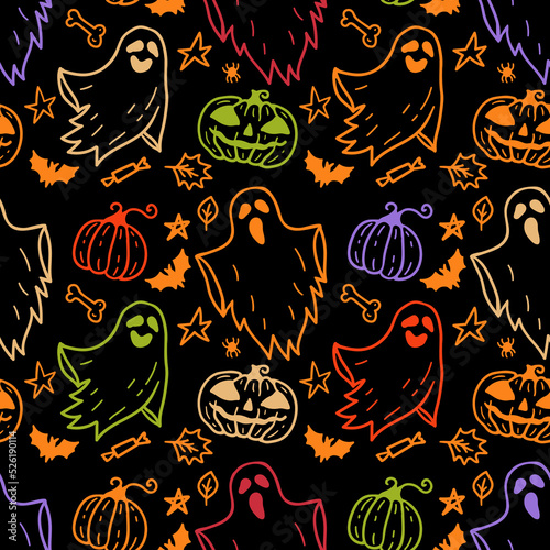 Bright multicolored seamless pattern of cartoon ghosts on black background. Horror Halloween hand drawn doodle background. Cloth Ghosts. Flying Phantoms. Halloween scary ghostly monsters with pumpkins