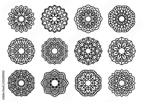Lotus Mandala Vector Template Set for Cutting and Printing. Oriental silhouette ornament. Vector coaster design.