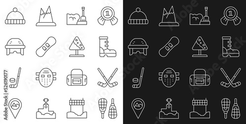 Set line Snowshoes, Ice hockey sticks, Waterproof rubber boot, Shovel in snowdrift, Snowboard, Hockey helmet, Winter hat and Road sign avalanches icon. Vector