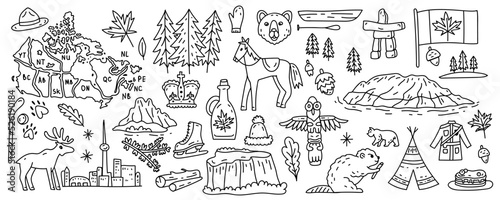 Canada vector travel symbols set. Collection of national canadian icons. Set of design elements in a flat style. Tourism. Vector concept for greeting cards, banners and posters. Line art