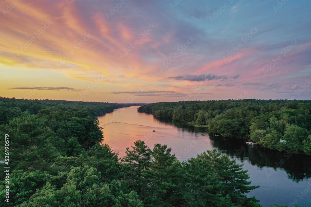 Amazing Sunset over Biscay Pond and Pemaquid River in July Bristol Maine aerial