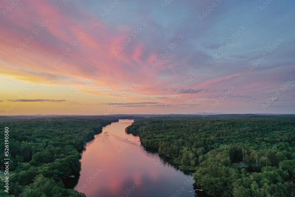 Amazing Sunset over Biscay Pond and Pemaquid River in July Bristol Maine aerial