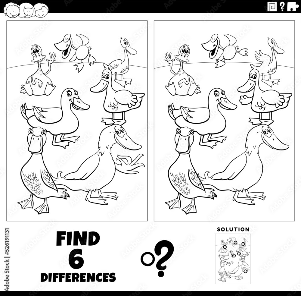 Fototapeta premium differences game with cartoon ducks coloring page
