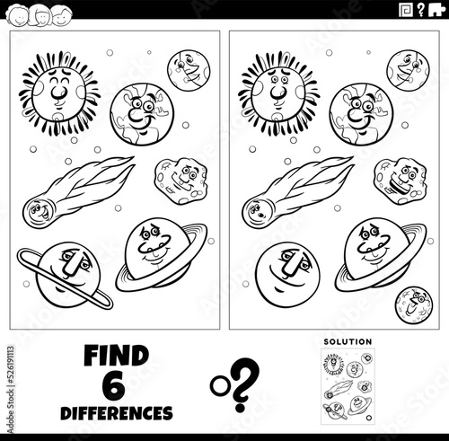 differences game with cartoon planets and orbs coloring page