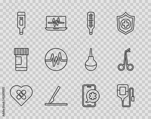 Set line Healed broken heart, IV bag, Medical thermometer, surgery scalpel, Digital, Heart rate, Emergency phone call and scissors icon. Vector
