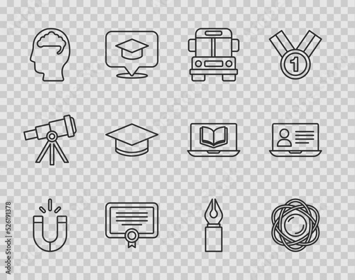 Set line Magnet, Atom, School Bus, Certificate template, Human brain, Graduation cap, Fountain pen nib and Online class icon. Vector