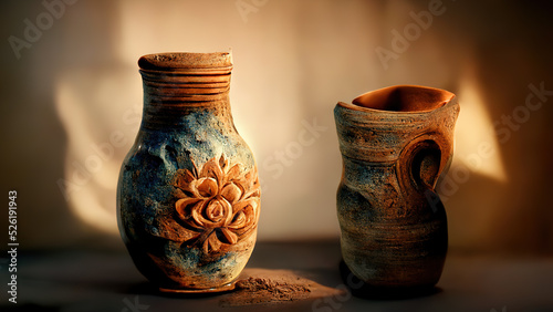 Handcrafted Antique vases. Baked clay or ceramic vases, clay jar. Vintage background.